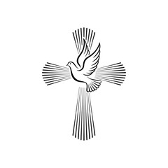 A black and white vector illustration of a peaceful dove flying in front of a Christian cross with radiant light rays. A spiritual emblem for logos and religious signs © Kotliar Ivan