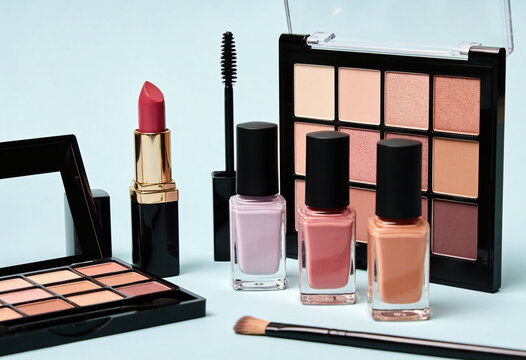 Makeup product collection with eyeshadow palette pink lipstick and nail polish on light blue studio background