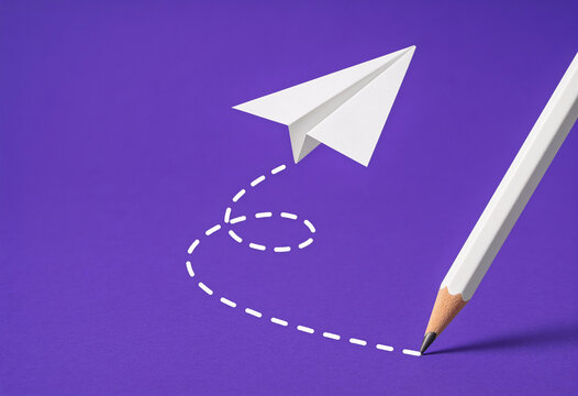 White paper plane flying along dashed flight path drawn by white pencil on purple background minimalist business