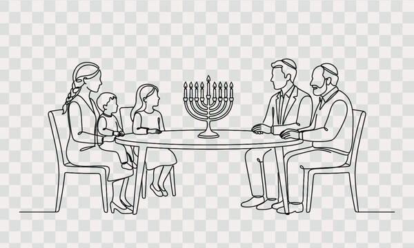 Hanukkah one line art design editable new 2026 Family celebrating hanukkah with lit menorah at dinner table isolated on transparent background, Vector, illustration