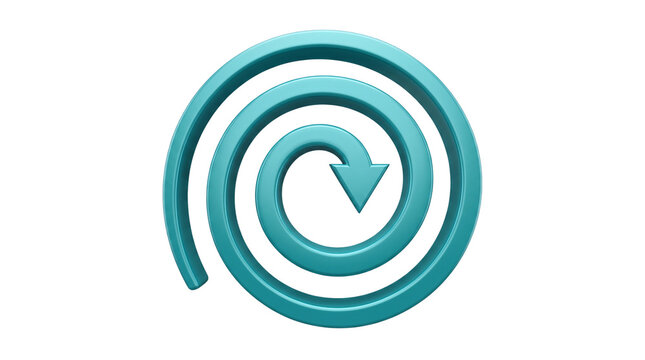 Turquoise spiral arrow indicating a continuous cycle or repeating process on a white background, symbolizing progress, recurrence, and workflow
