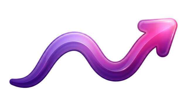 3D glossy red curved arrow pointing downwards on a white background indicating a decrease, decline, or downward trend in business and finance