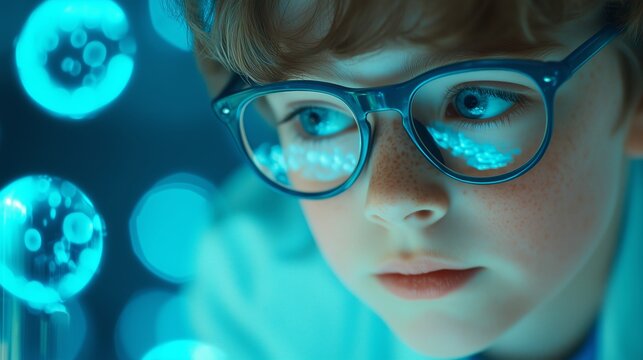 Young boy scientist wearing glasses looking at glowing blue science experiment for STEM education concept