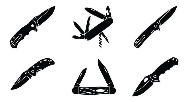 Collection of black silhouette pocket knives and multi tools on a white background