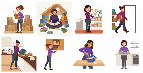 Fototapeta premium Flat vector illustration set of a woman organizing home, decluttering boxes, managing pantry, and baking cookies in the kitchen
