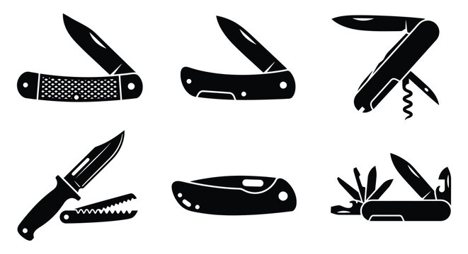 Collection of black silhouette pocket knives and multi tools on a white background