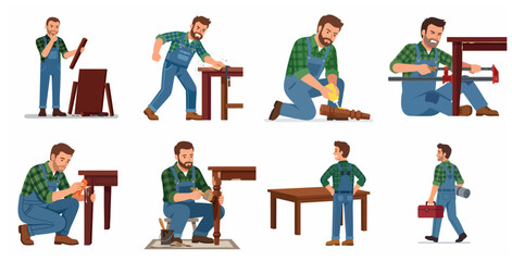 Fototapeta premium Carpenter and Handyman Character Set for Woodworking and Furniture Restoration Projects