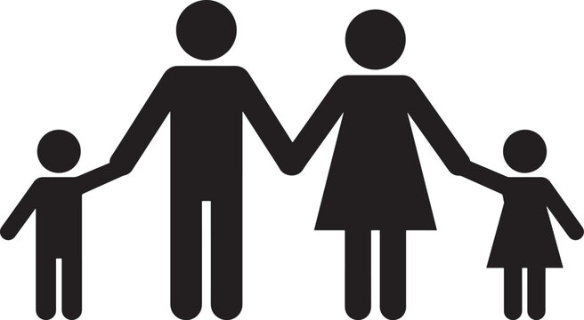 Black silhouette icon of a family of four, including a father, mother, son, and daughter holding hands, isolated on a white background, also transparent background