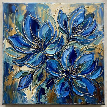 Vibrant blue irises in abstract artistic composition.