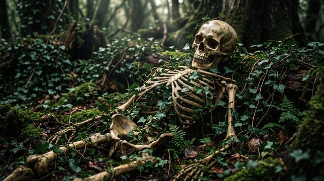 Human skeleton covered in lush green ivy leaves set against a dark moody atmospheric background