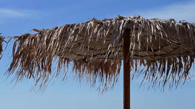 A rustic thatched straw parasol rustles softly in the sea wind against a clear, sunny blue sky.