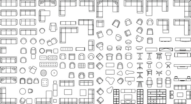Set of living room furniture top view icons for architectural floor plans, sofas, armchairs, coffee tables and rugs, vector illustration