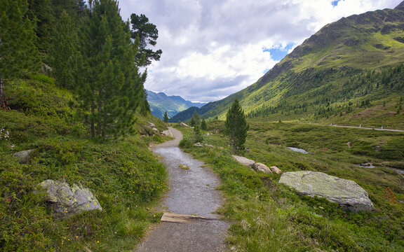 Hiking trail through the mountain landscape at the Staller Sattel in East Tyrol, Austria.