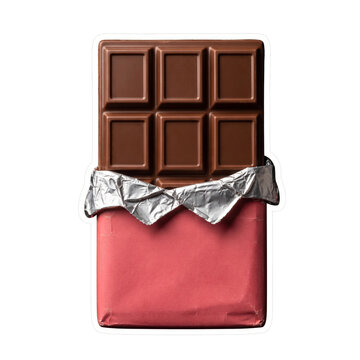Premium milk chocolate bar with open foil wrapper isolated.