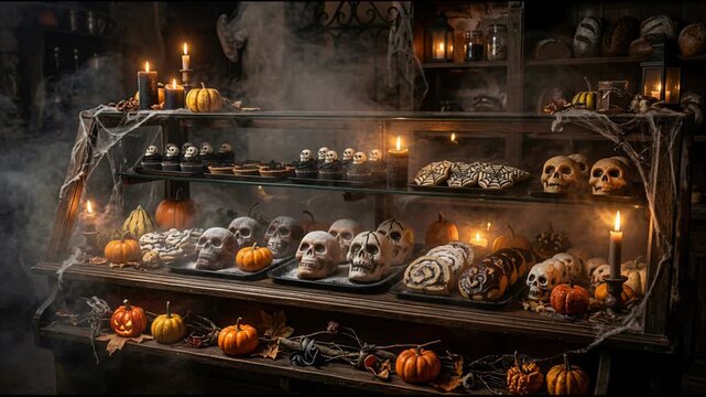 Skull shaped pastries and pumpkins in a spooky candlelit bakery showcase. Creepy atmosphere with creeping fog for a terrifying seasonal. Halloween 2026 eerie treats festival and spooky food.