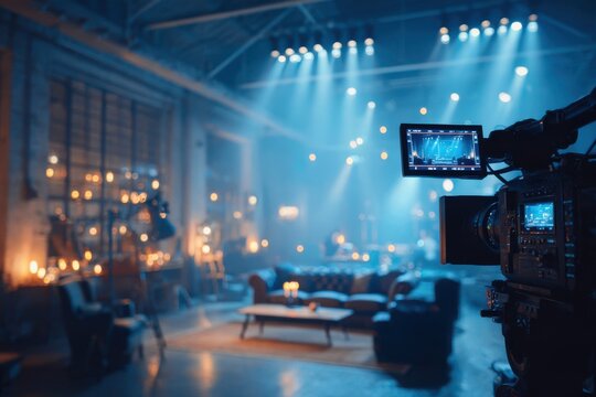 Creative music video set showing filming equipment, studio lights and professional video production.