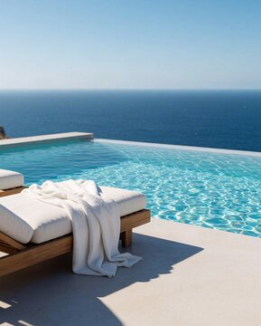 Sunbed with a white towel by an infinity pool overlooking the calm blue Mediterranean Sea