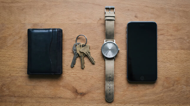 A card carrier holder placed on a wooden table alongside house keys, a wrist watch, and a modern mobile phone.