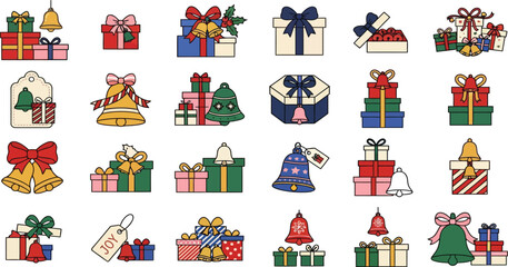 Fototapeta premium Set of wrapped gift boxes with festive christmas bells christmas gifts holiday presents christmas decoration holiday season gift tag christmas surprise holiday shopping christmas icons
