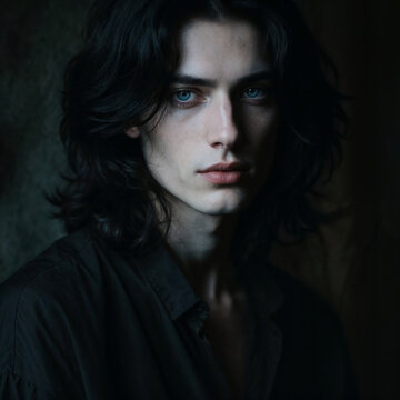 Dramatic Portrait of Young Aristocratic Man with Dark Wavy Hair and Piercing Blue Eyes