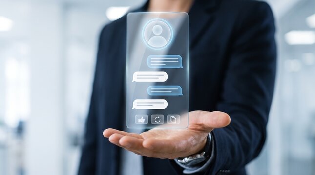 Business professional holding a mobile phone with an emerging holographic chat messaging system AI assistant chatbot interface augmented reality messaging application digital communication