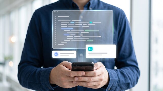 Person holding a mobile phone with floating virtual holographic interface and coding assistance AI assistant artificial intelligence digital interface development hologram