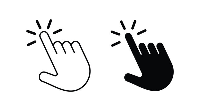 Clicking hand cursor icons in outline and solid black design with cursor icon hand pointer mouse click pointing finger user interface web button