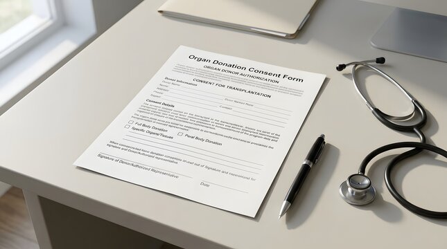 Organ Donation Consent Form with Pen and Medical Stethoscope on Office Desk for Donor Authorization and Transplant Planning