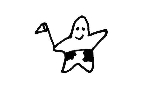 Doodle Smiling Star Hand Drawn Outline Illustration, Cute Cartoon Star Character Holding Flag, Simple Line Art Vector Style