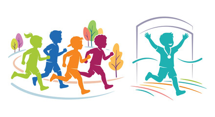 Obraz premium Running children silhouettes with a finish line and trees colorful vector illustration