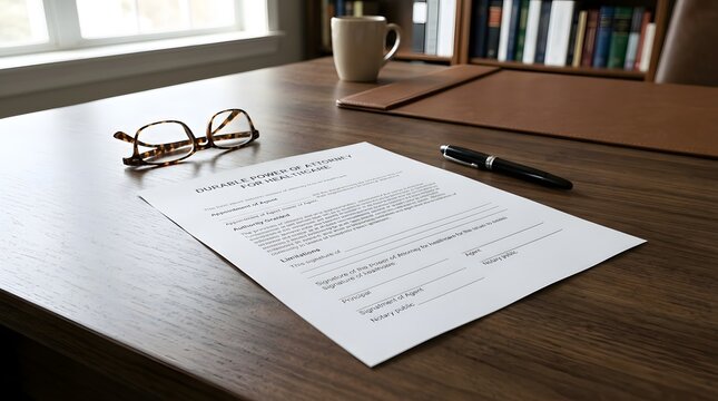 Durable Power of Attorney for Healthcare Document with Pen and Reading Glasses on Professional Business Desk