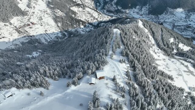 Uzungol Lake (Uzung&ouml;l) in the Winter Season Drone Video, Uzungol Plateau Caykara, Trabzon Turkiye (Turkey)