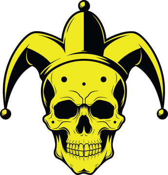 Graphic illustration of a yellow and black jester skull isolated on transparent background