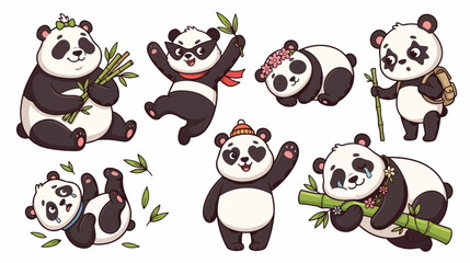 Obraz premium Cute Cartoon Pandas Collection in Playful Poses on White Background