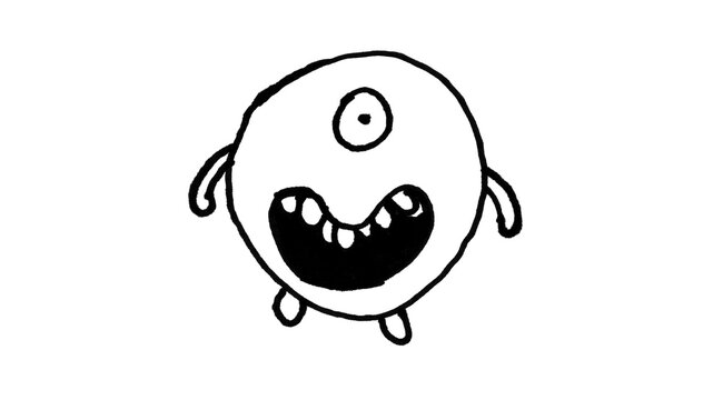 Doodle Monster Hand Drawn Outline Illustration, Cute One Eyed Cartoon Character with Sharp Teeth, Simple Sketch Line Art Vector Style