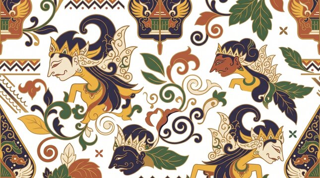 Indonesian Wayang Inspired Ornamental Pattern &ndash; Colorful Traditional Cultural Vector Design on White Background