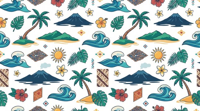 Indonesian Island Tropical Pattern with Coconut Trees, Mountains, Waves and Sun &ndash; Colorful Full Page