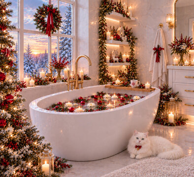 A christmas bathroom. recorated bathtub. Holiday time, relaxing in cosy bathroom and bathtub, me time for the christmas holidays.. Christmas in mordern homes.