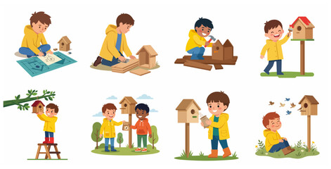 Fototapeta premium Set of kids building and caring for birdhouses, DIY woodworking hobby for children vector illustration