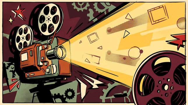 Retro Movie Projector Illustration in Pop Art Comic Style with Cinematic Light Projection