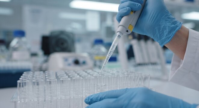 Scientist in blue gloves using a pipette to dispense liquid into test tubes in a laboratory.