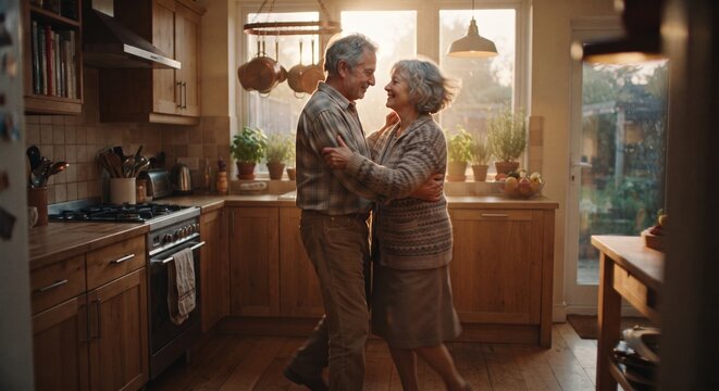 Senior couple dancing romantically together in cozy country kitchen with warm sunset light and wooden cabinets.