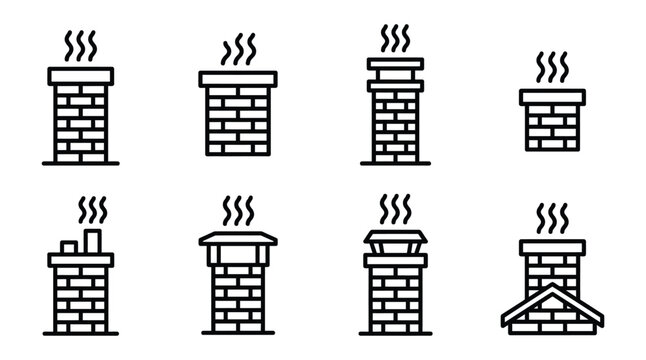 Chimney silhouettes with smoke rising black line art on white background