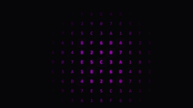 Abstract glowing magenta hexadecimal code grid data processing digital background