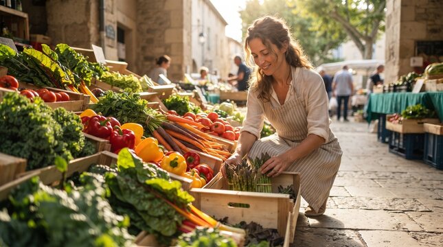 Smiling female vendor arranging fresh organic vegetables and asparagus in wooden crates at outdoor farmers market.