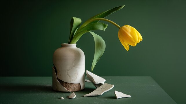 A single yellow tulip with a drooping head stands in a broken ceramic vase against a green background. Sadness or grief concept for artistic photography.