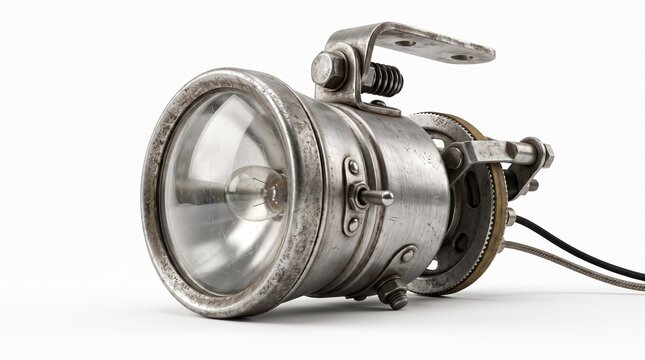 Classic vintage bicycle dynamo lamp with a rounded glass lens and brushed metal housing, photographed from a low three-quarter angle. Isolated on White background.