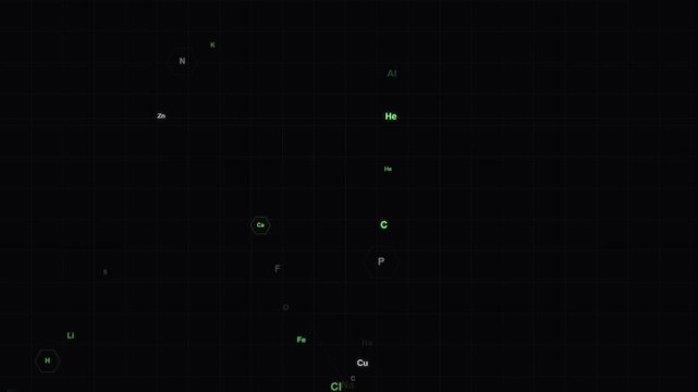 Futuristic digital data visualization of chemical elements on dark grid background