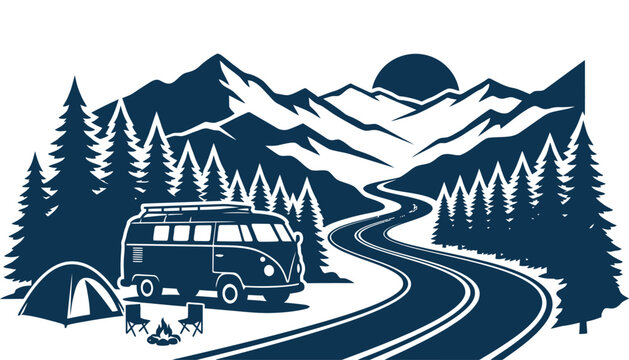 Camping adventure with vintage van and tent in mountains with winding road