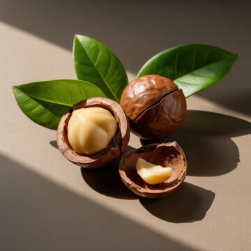 Fresh macadamia nuts with green leaves on a neutral background. Natural organic food concept for nutrition and cosmetics.